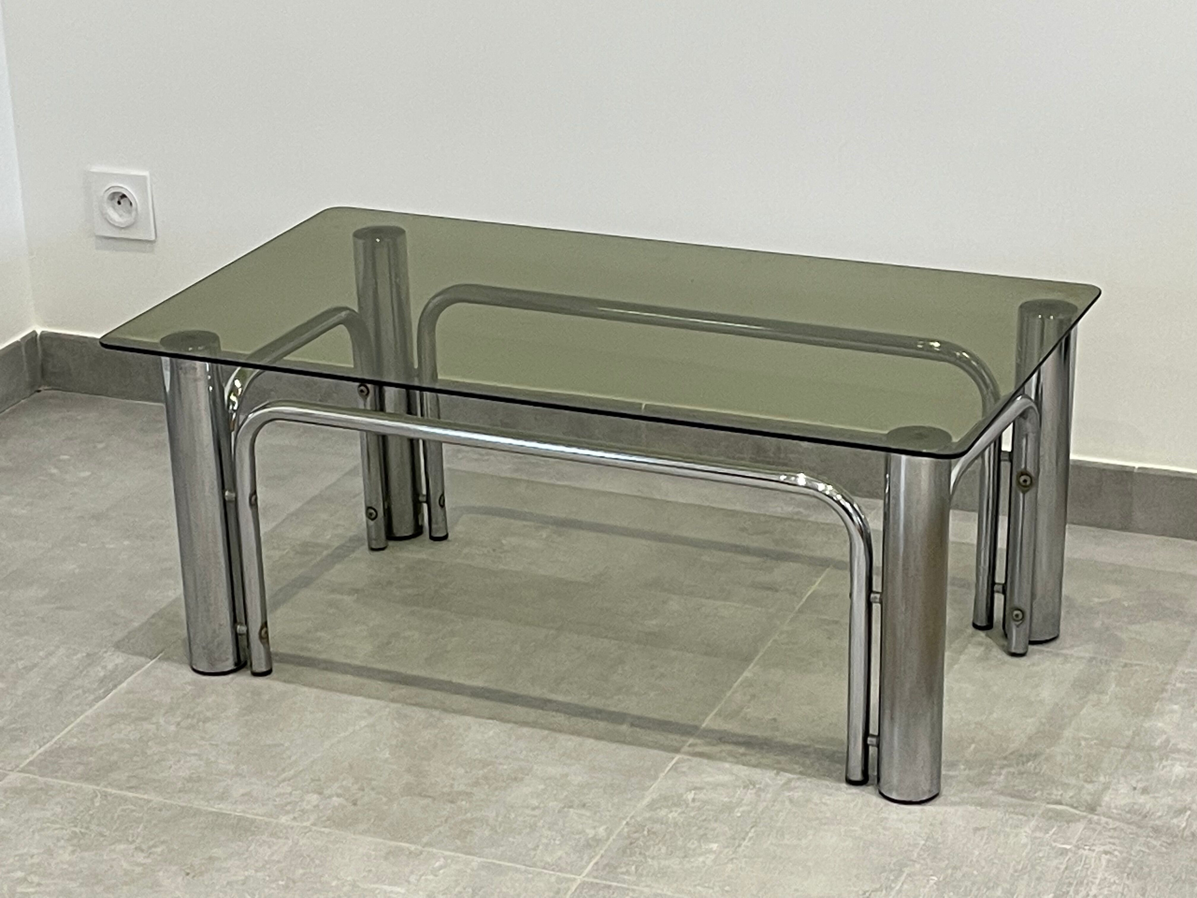 Table basse inox et verre fumé design 1970/80
