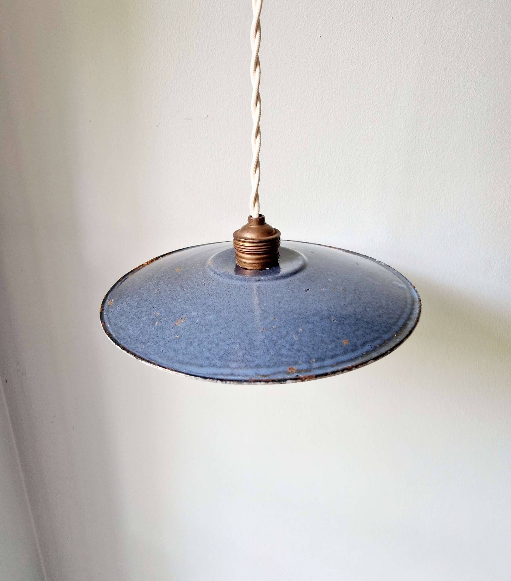 Old industrial pendant light in blue/grey enamelled sheet metal