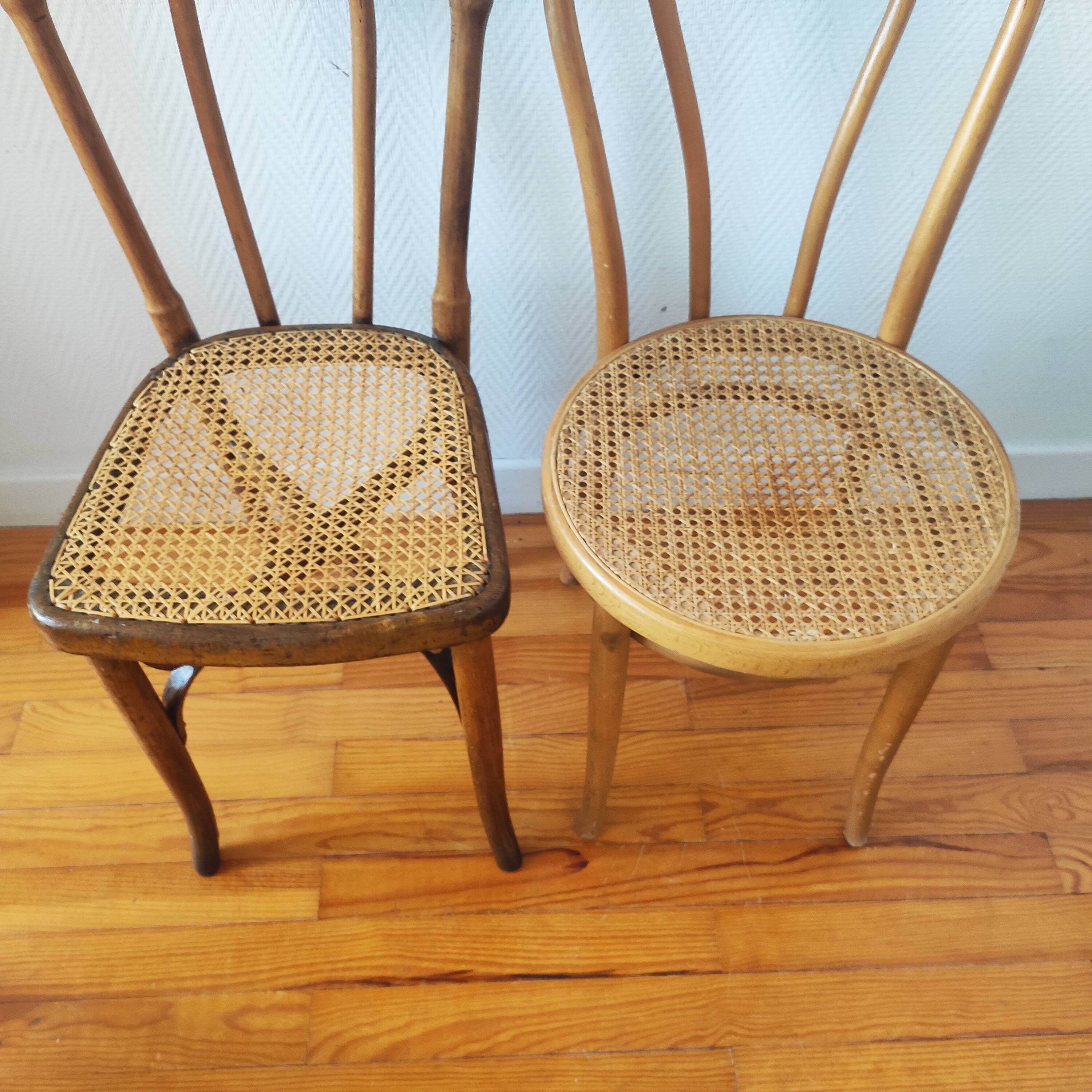 4 chaises de bistrot anciennes dépareillées bois et cannage