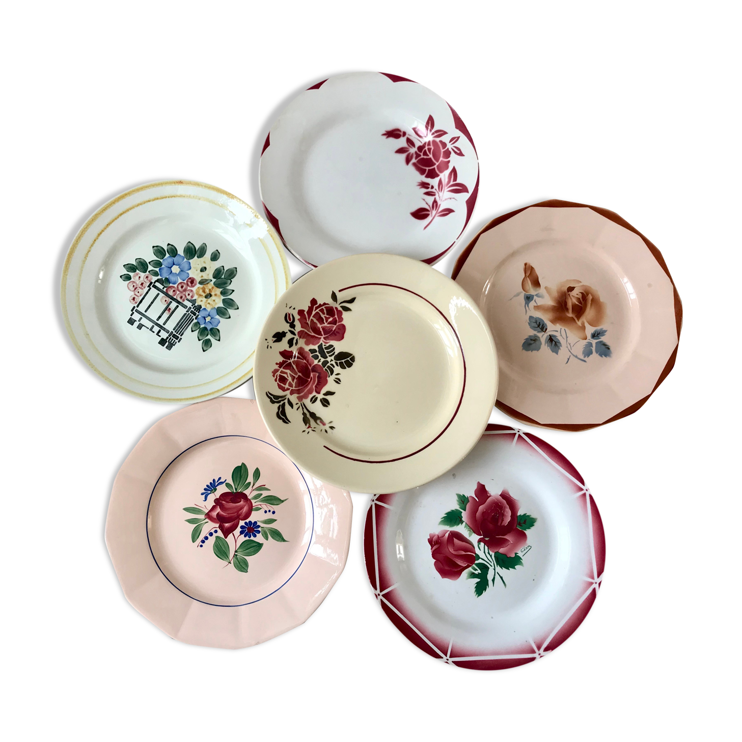Set of 6 flat plates mismatched Digoin Sarreguemines (Corsica, Cibon, etc.)