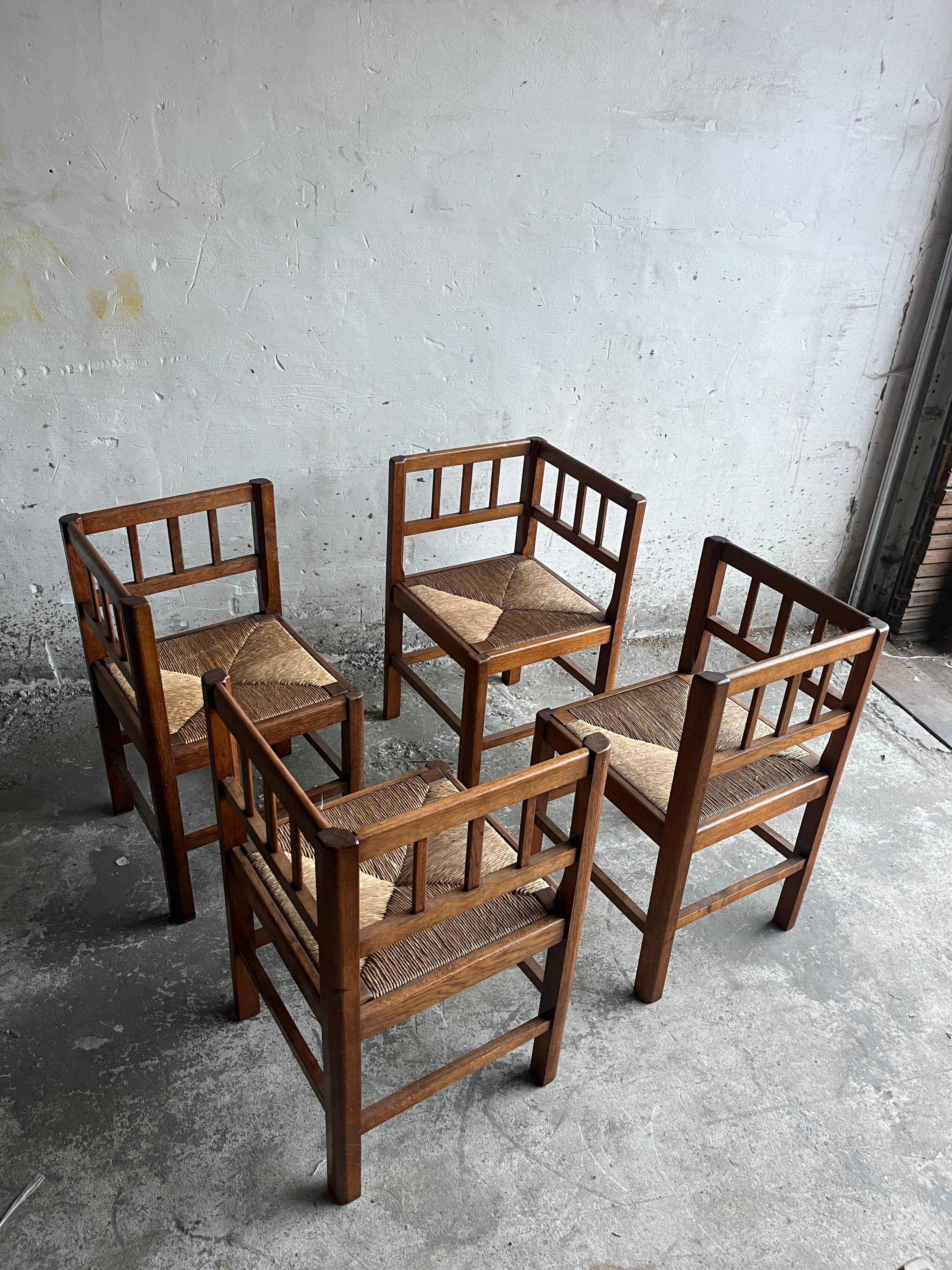Set of 4 brutalist oak armchairs, 1950s