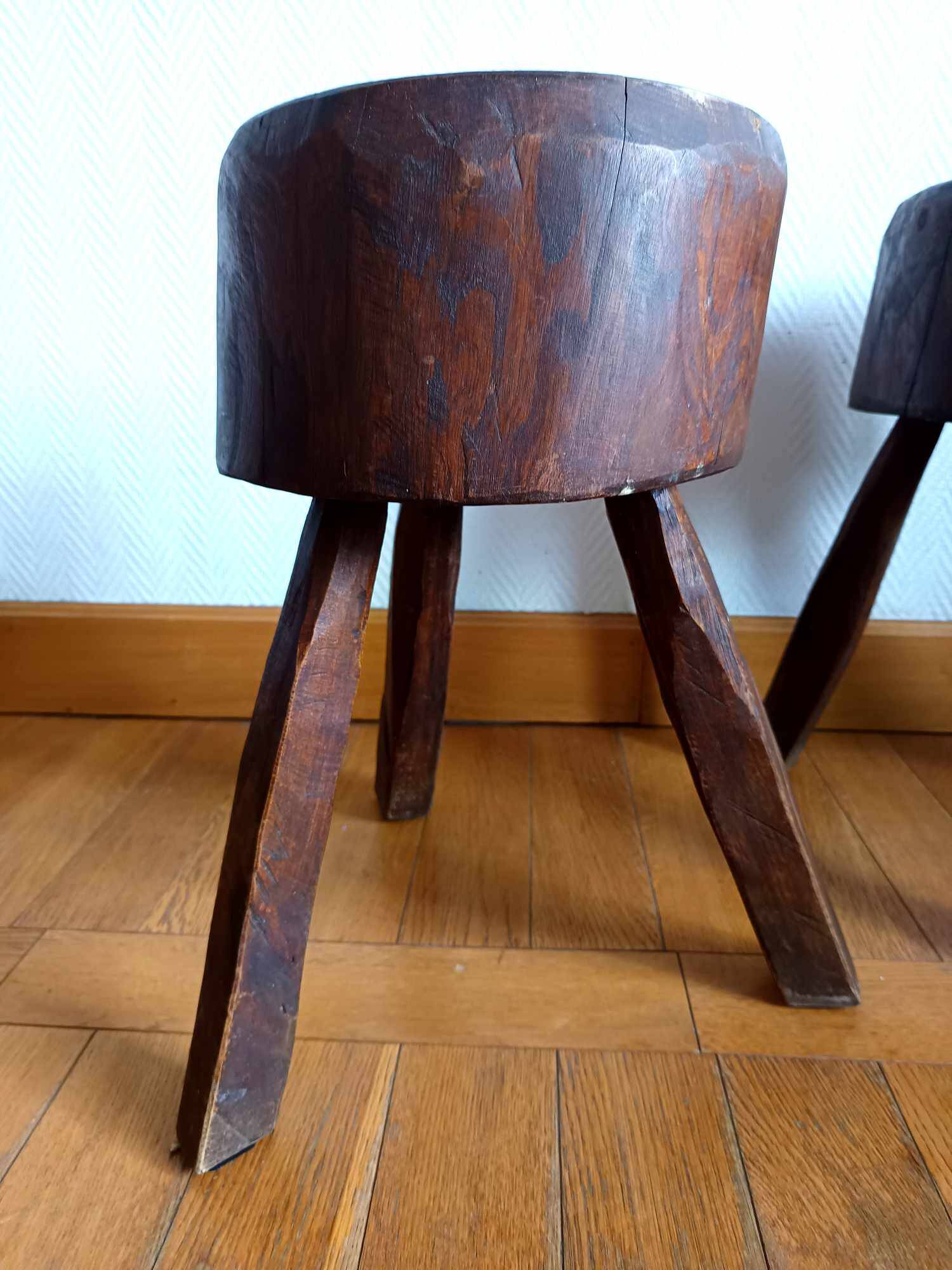 Pair of Brutalist wooden stools, circa 1960