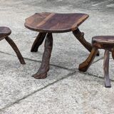 Vintage 1950s Brutalist Coffee Table and Two Stools