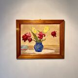 Tableau ancien, nature morte aux tulipes, années 70-80