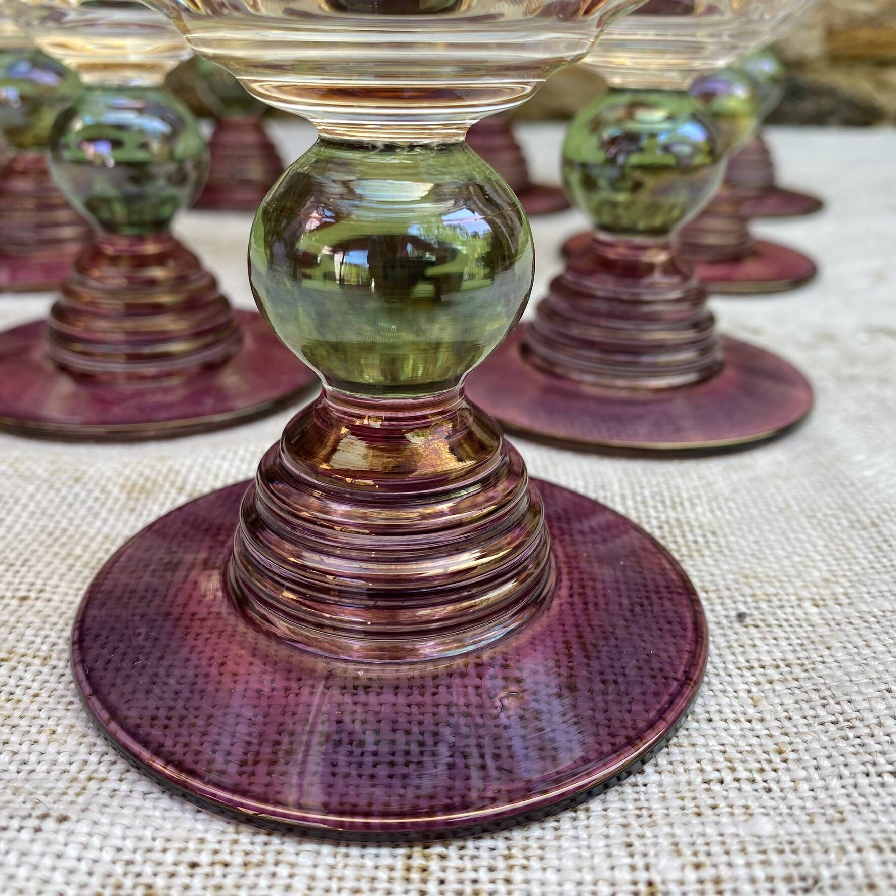 Vintage coloured tinted glass footed glasses