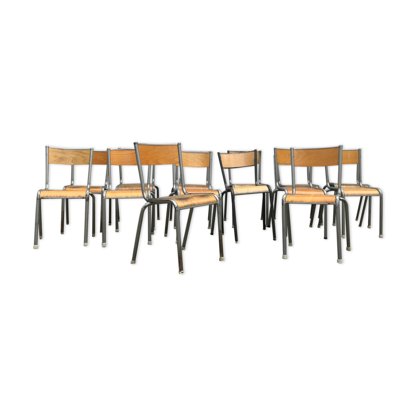 Series of 10 old vintage school chairs