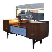Mid-century hairdresser in brown teak and white with a mirror and brass legs.