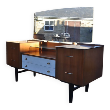 Coiffeuse mid-century en teck marron et blanc avec miroir et pieds en laiton