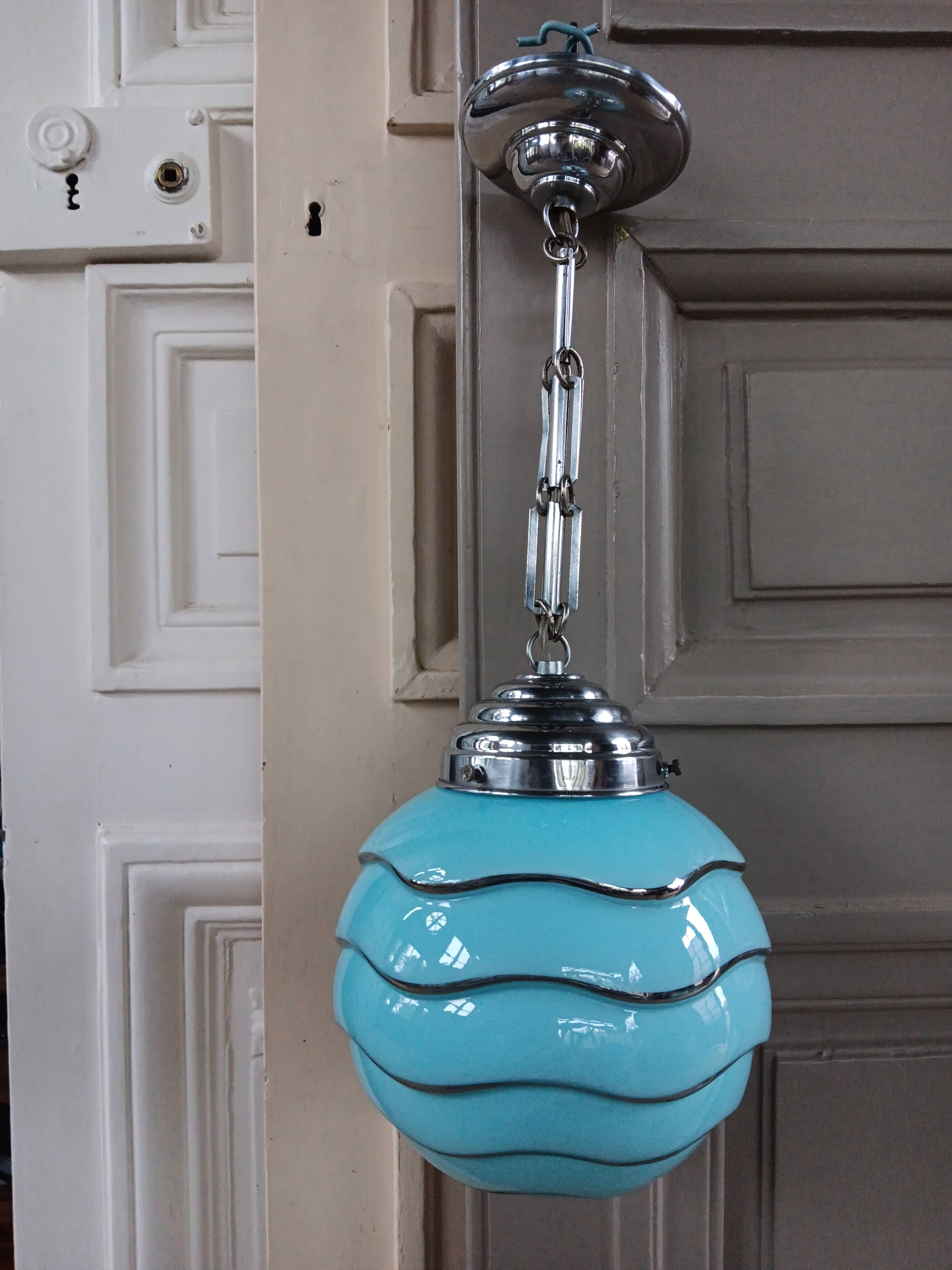 Bauhaus pendant light, blue and silver glass globe