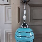 Bauhaus pendant light, blue and silver glass globe