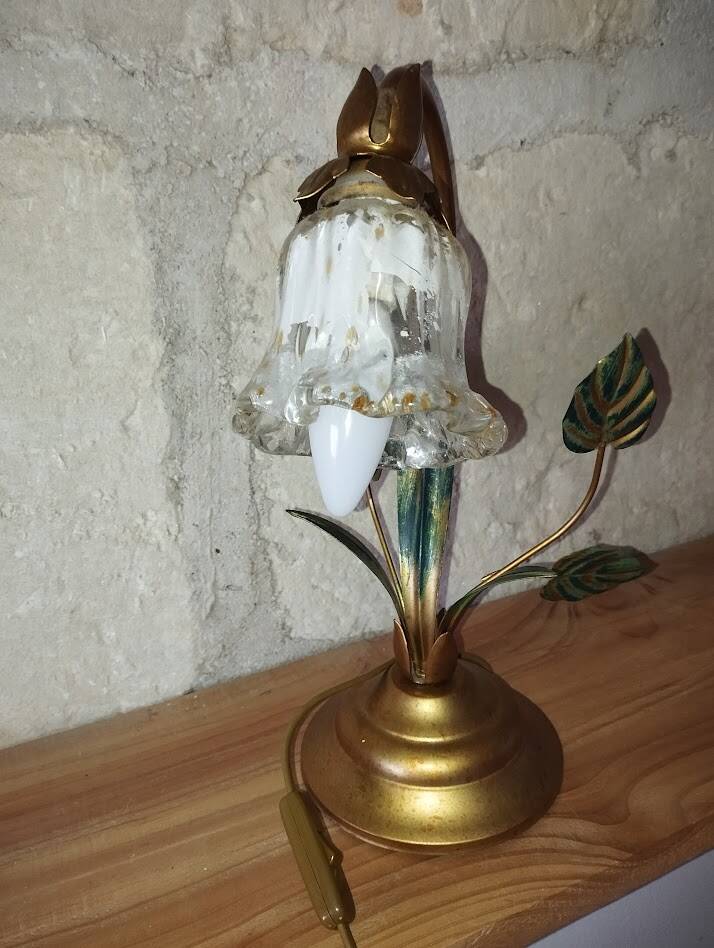 Lampe fleur vintage en laiton et verre