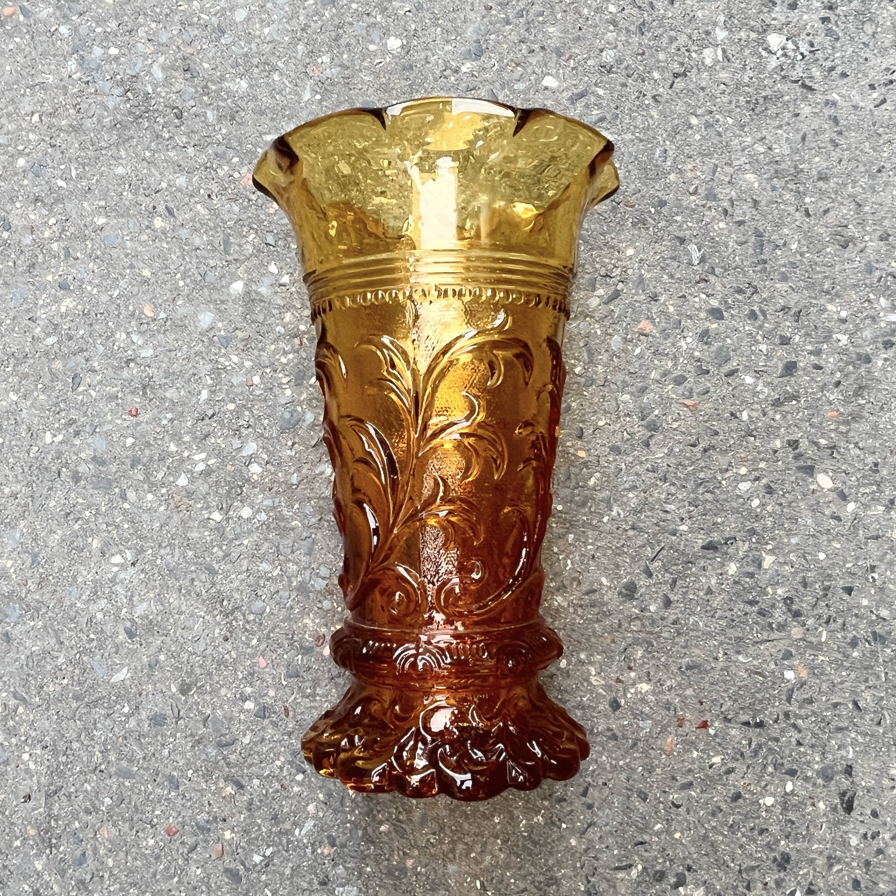 Art Deco Iridescent Amber Glass Vase with Floral Motif - Amber Yellow Glass Vase