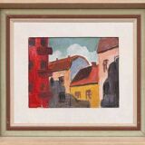 Original mid-century Swedish oil on panel – “House Facades” by A. Wistrand – dated 1946 – vintage & framed – 42 × 39 cm