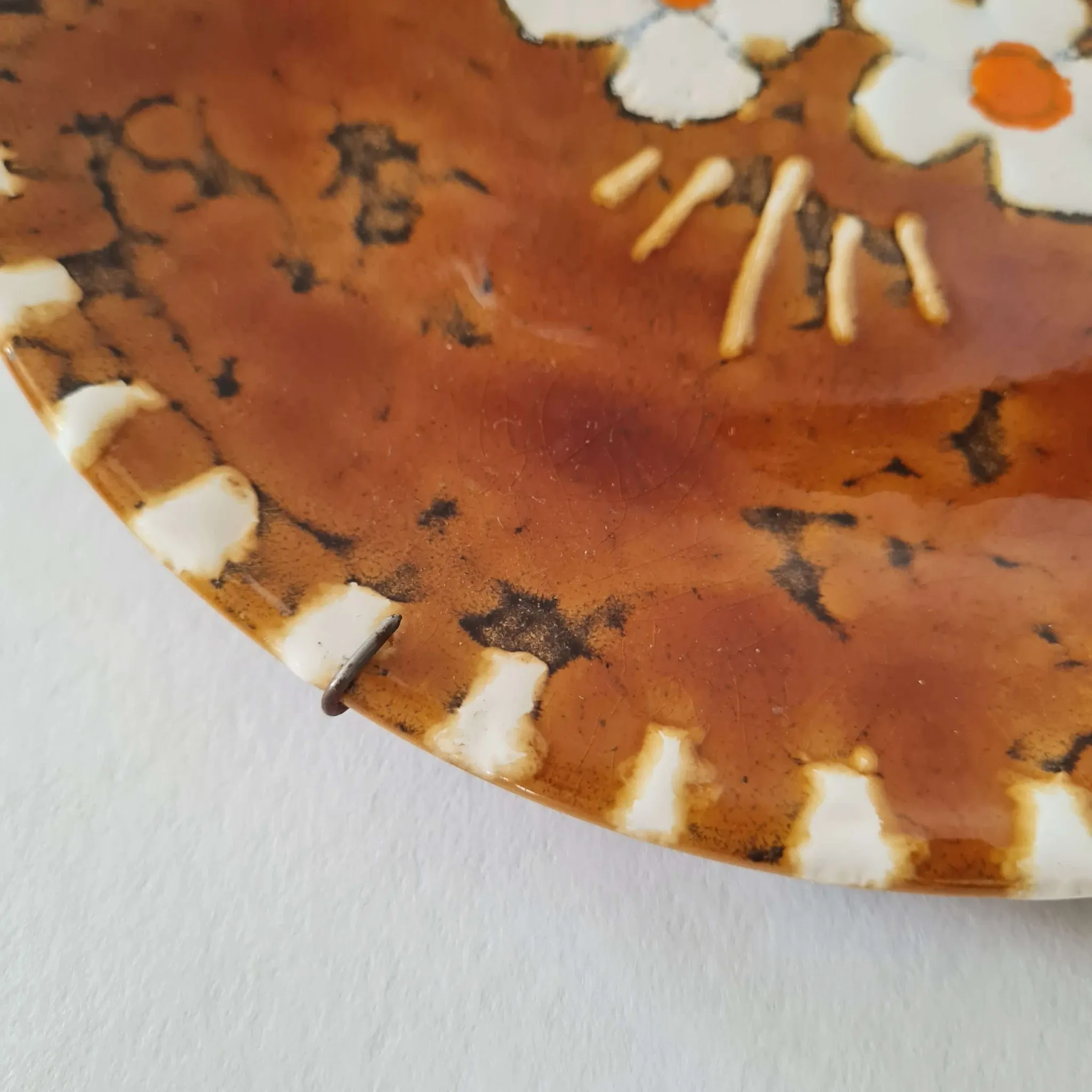Vintage Ceramic Plate - Flower Decor - Amber Glaze