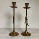 Pair of brass Christmas angel and reindeer candle holders