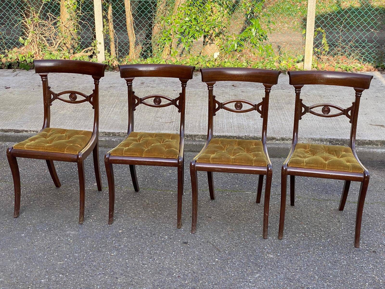 4 Regency chairs in solid wood and mustard yellow velvet fabric from the 19th century.