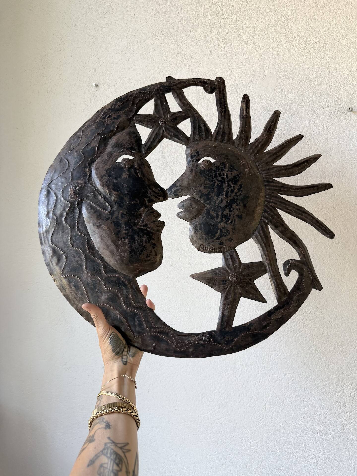 Brutalist metal wall sculpture "sun-moon"