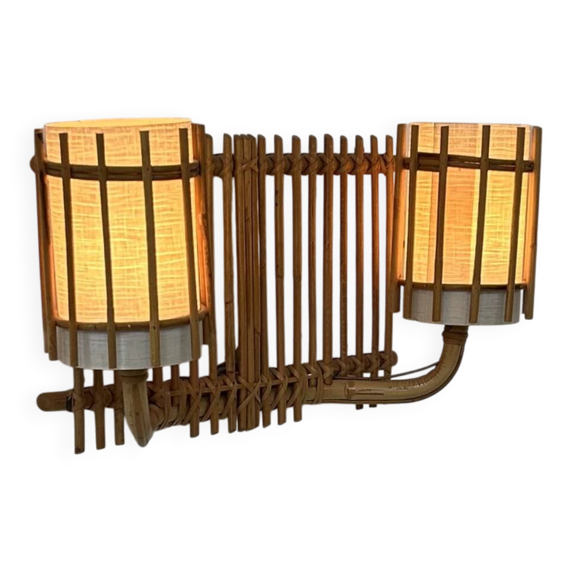 Double vintage wall light in rattan, France, 1950.