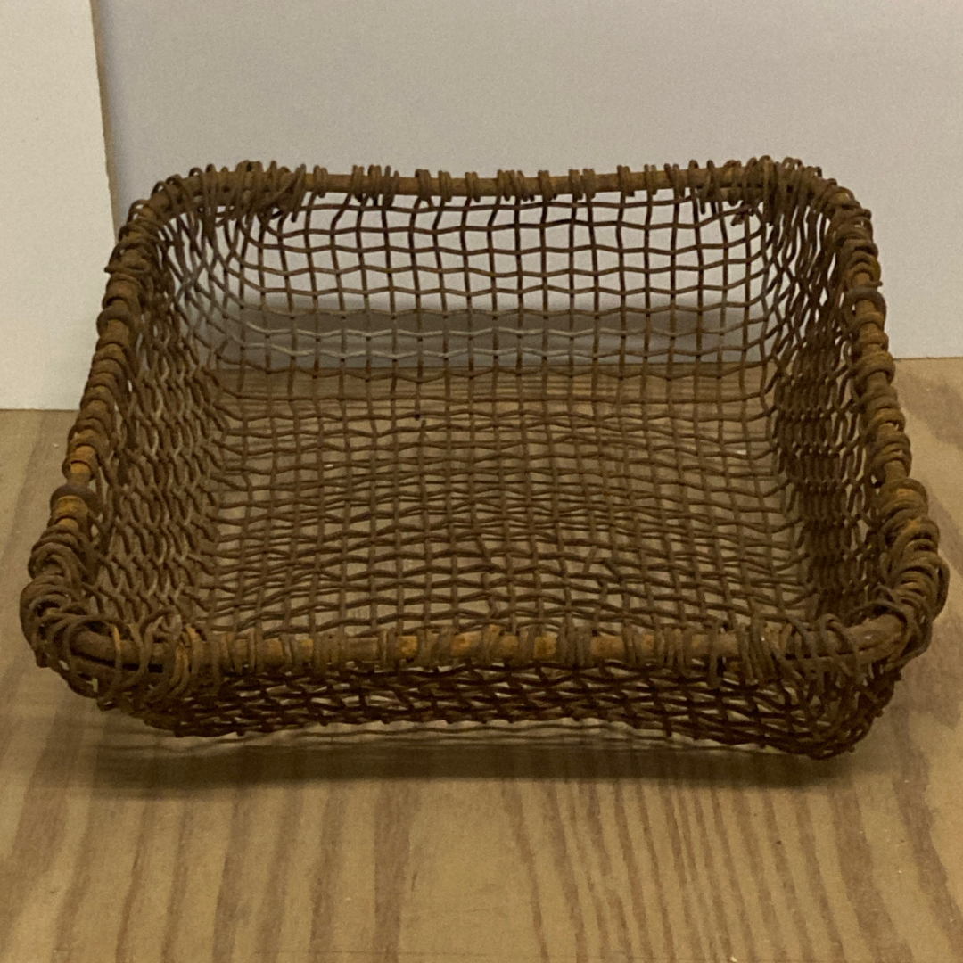 Antique woven rustic metal fireplace basket, Netherlands ca 1900