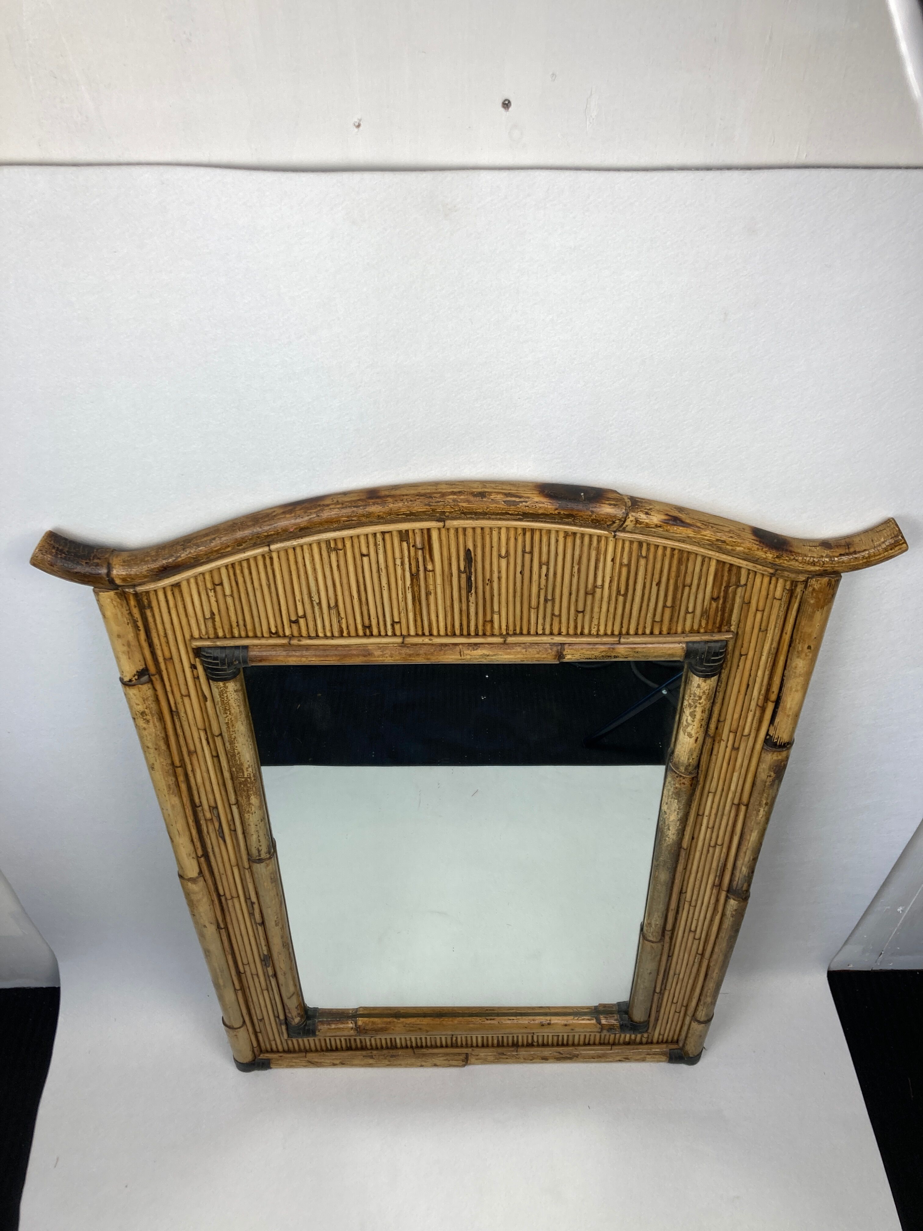 Midcentury palm regency bamboo rattan pencil reed mirror