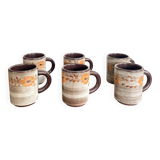 Vintage 6x Cup Ceramic Stoneware Flowers Floral Orange Brown 1970