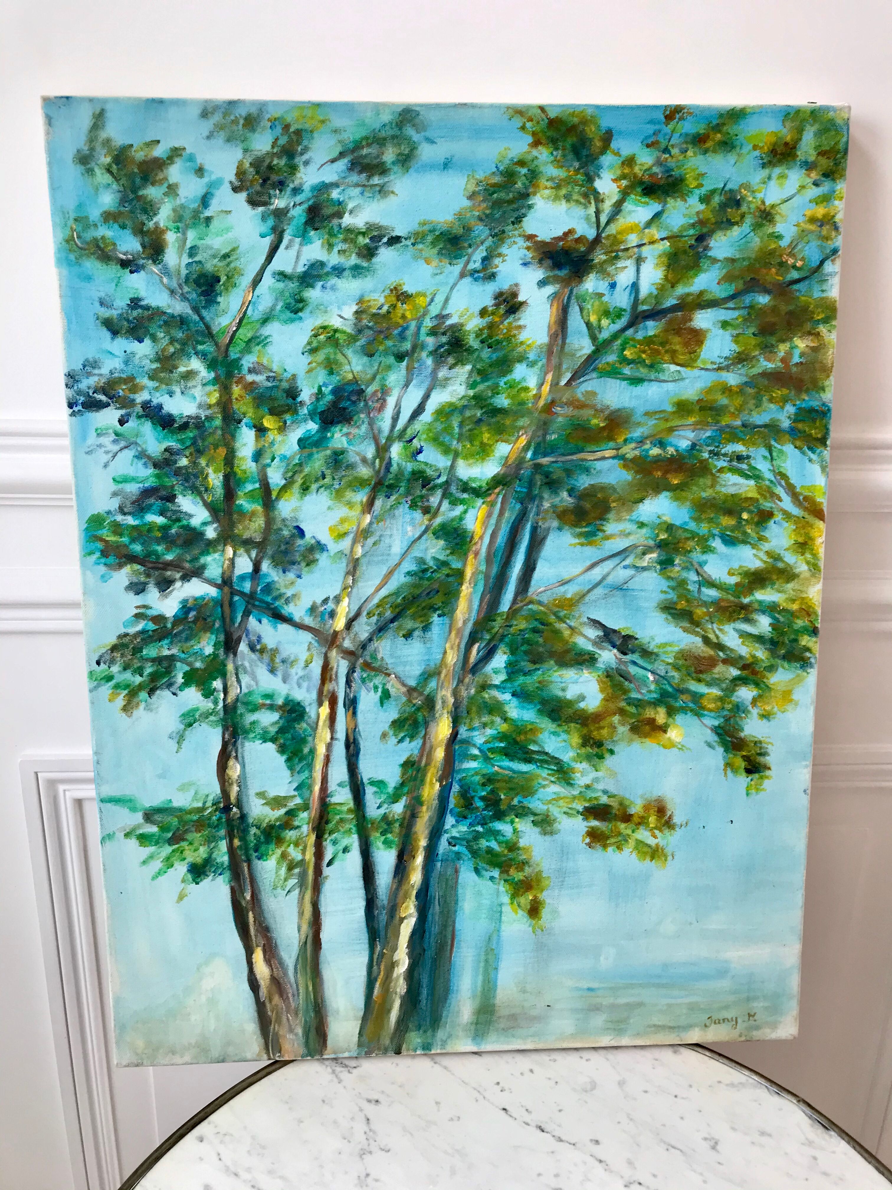 Tableau huile sur toile paysage arbre signé vintage