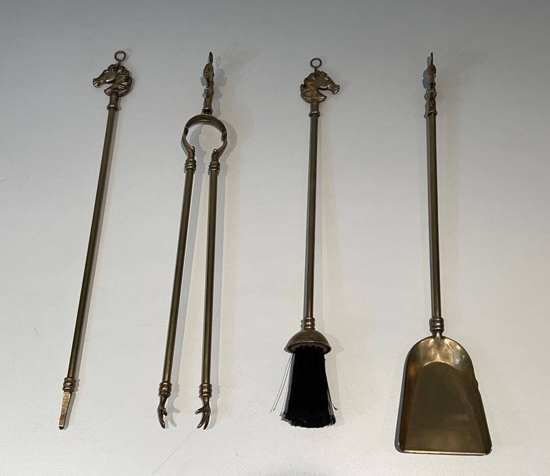 Neoclassical Brass Fire Tool Set with Horse Head Handles, in the