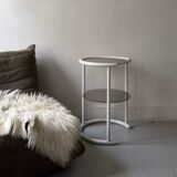 Tubular space age serving table in white metal and pink smoked glass, 1970s design