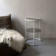 Tubular space age serving table in white metal and pink smoked glass, 1970s design