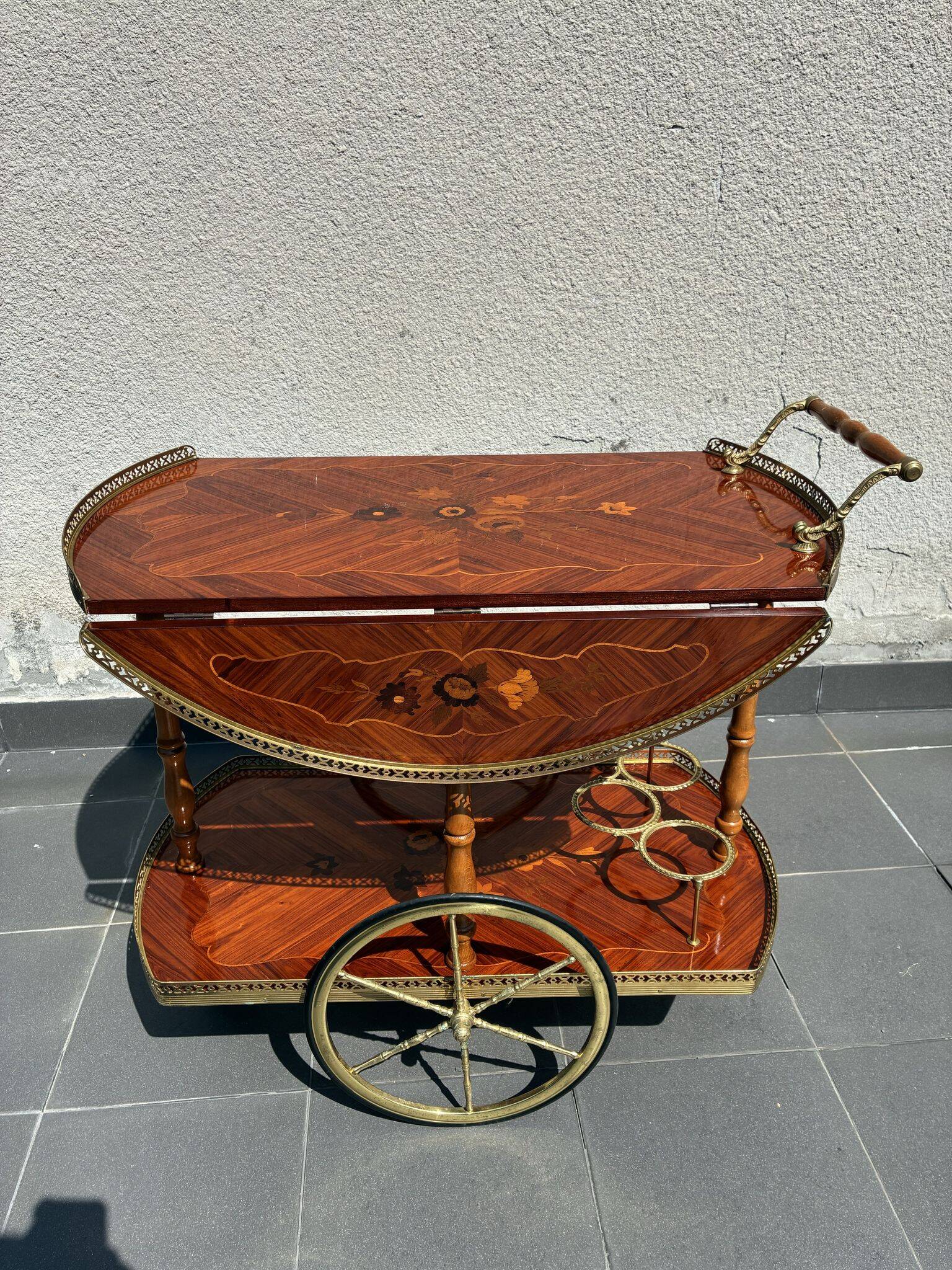 Italian marquetry and brass drinks trolley, mid-20th century