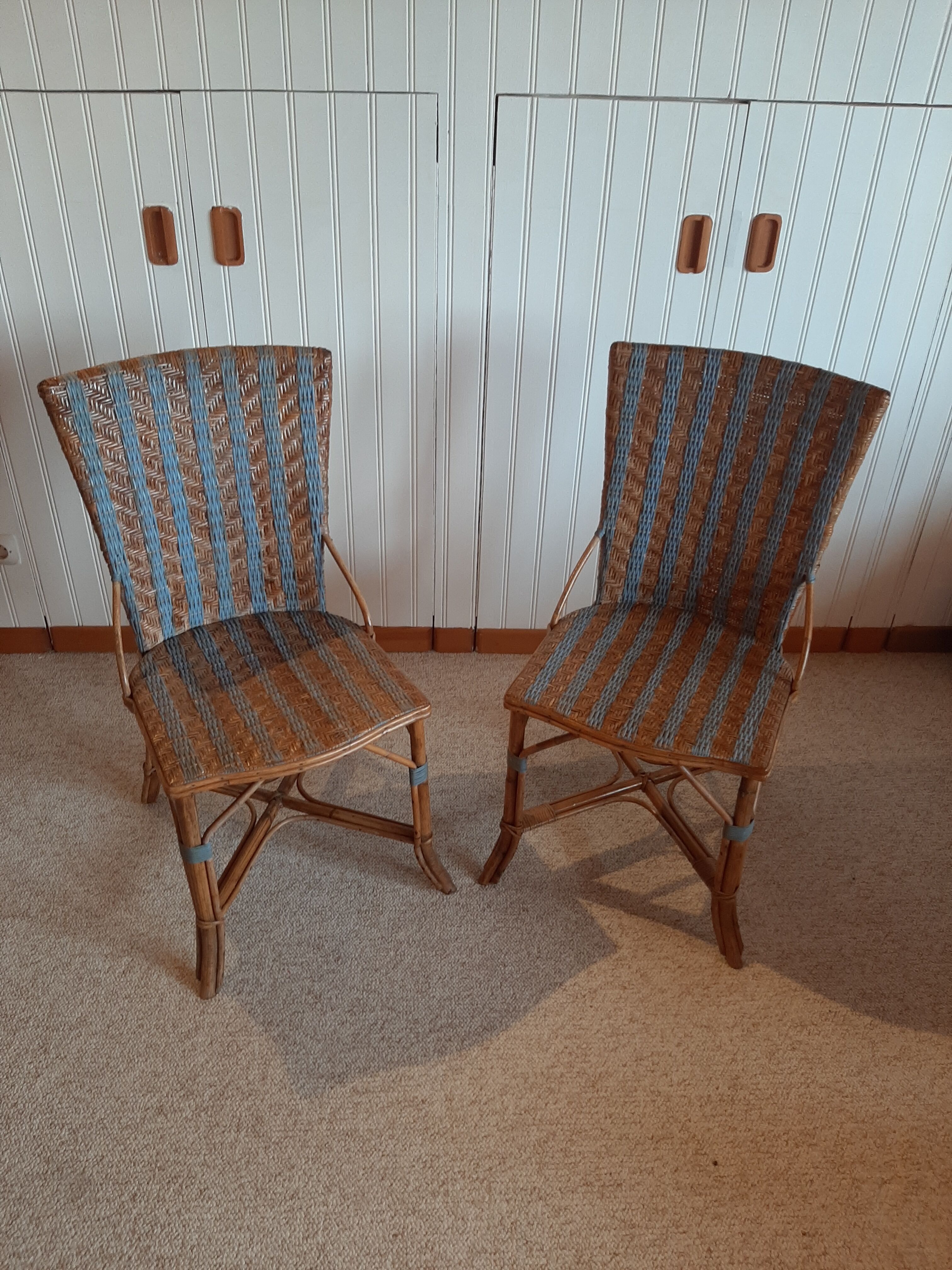 2 woven rattan garden chairs – sky blue net patterns – 1940s