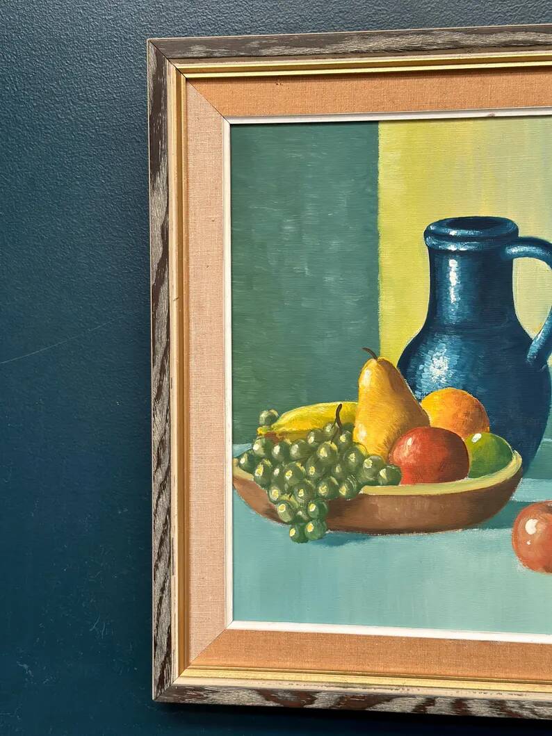Original Swedish Oil on Canvas – 'Still Life with Fruits and Jug', Unknown Artist – Signed – Vintage and Framed – 52 × 44 cm (20.4" × 17.3")