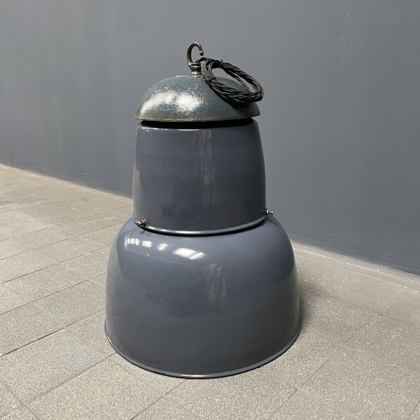 Grande lampe à suspension industrielle ancienne en émail bleu-gris