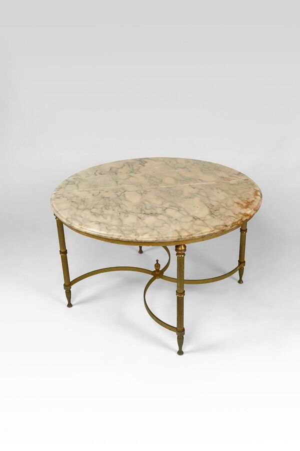 Table basse ronde néoclassique, Laiton et Marbre, France, circa 1960