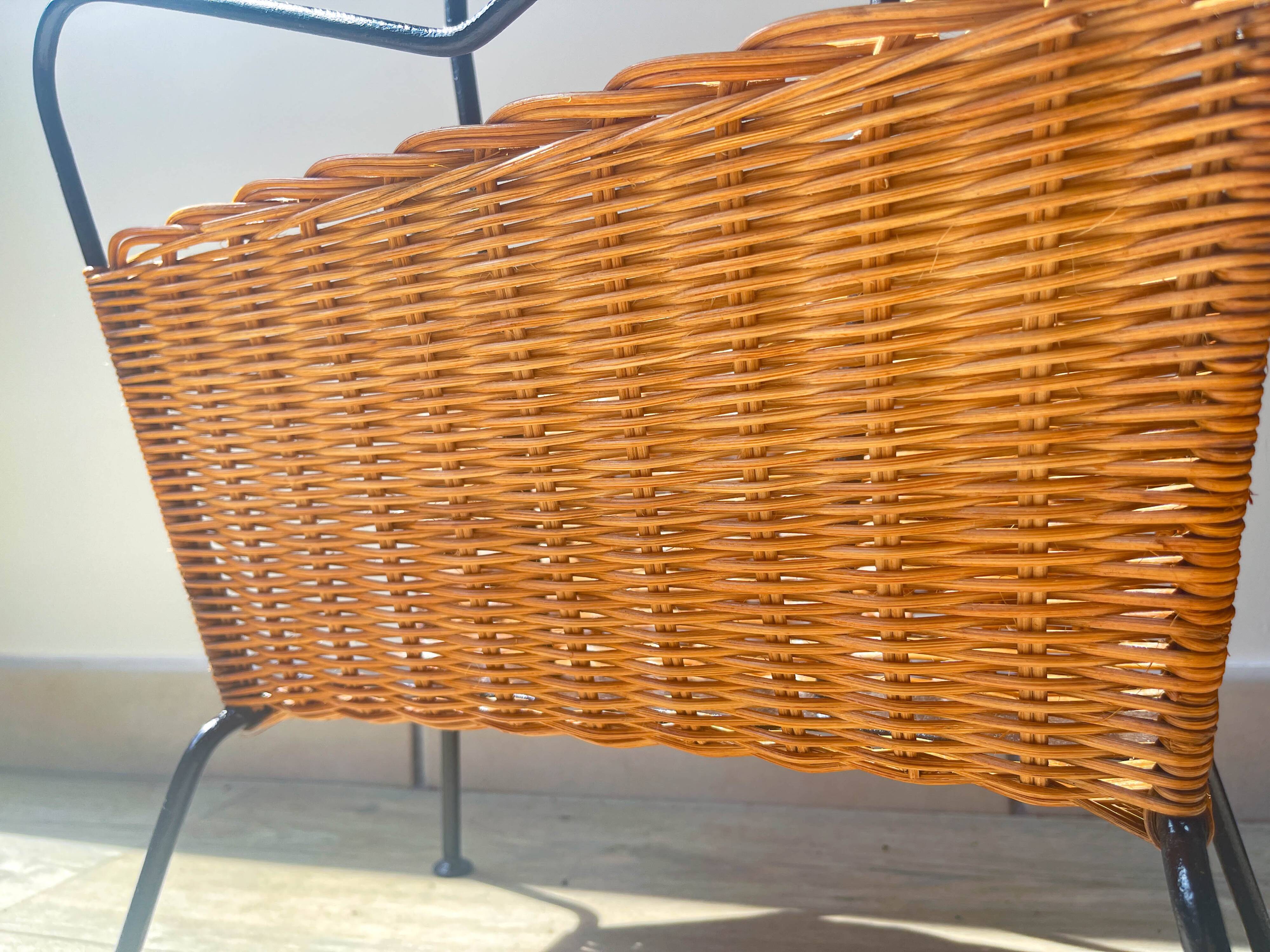 Vintage wicker and metal magazine rack 1970