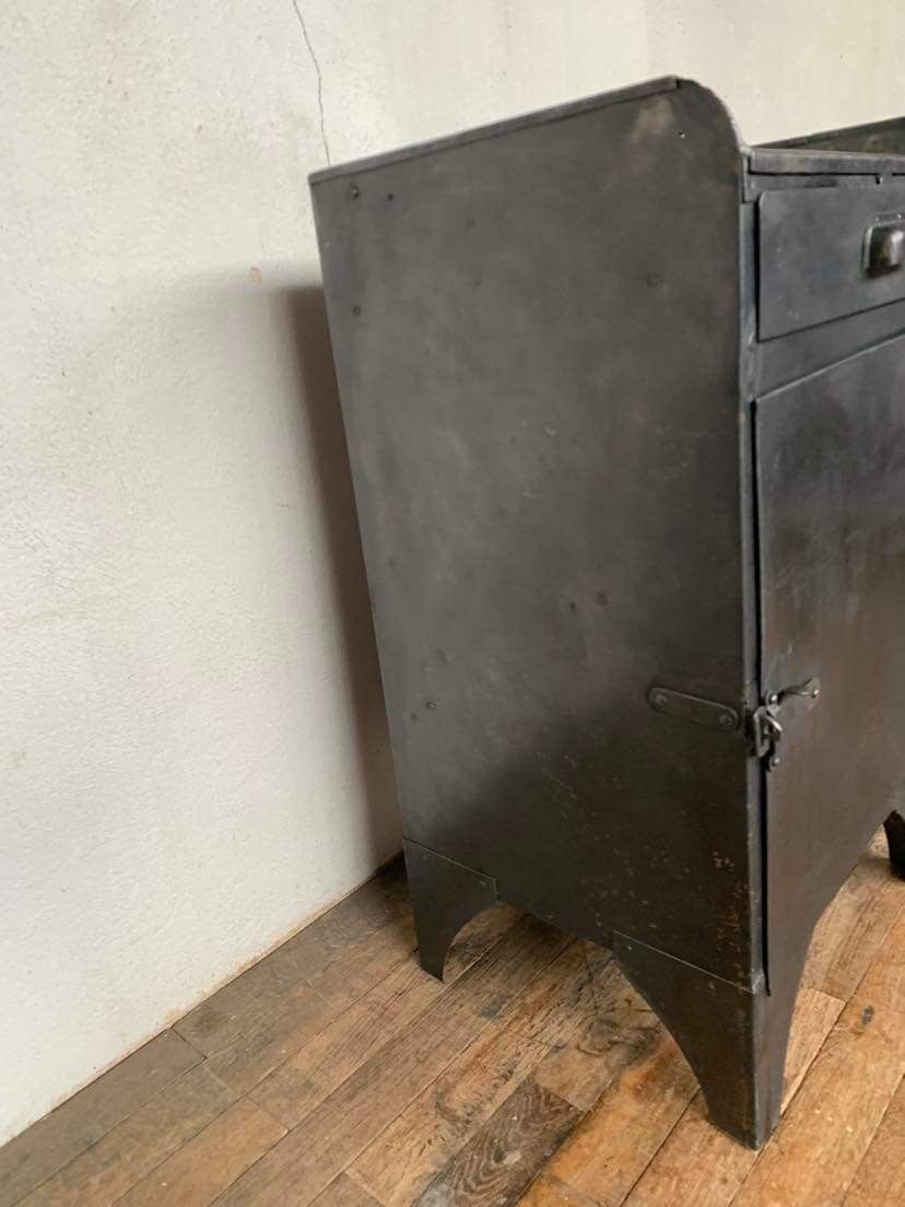 Old Industrial workshop furniture with 1 door 1 drawer in patinated iron