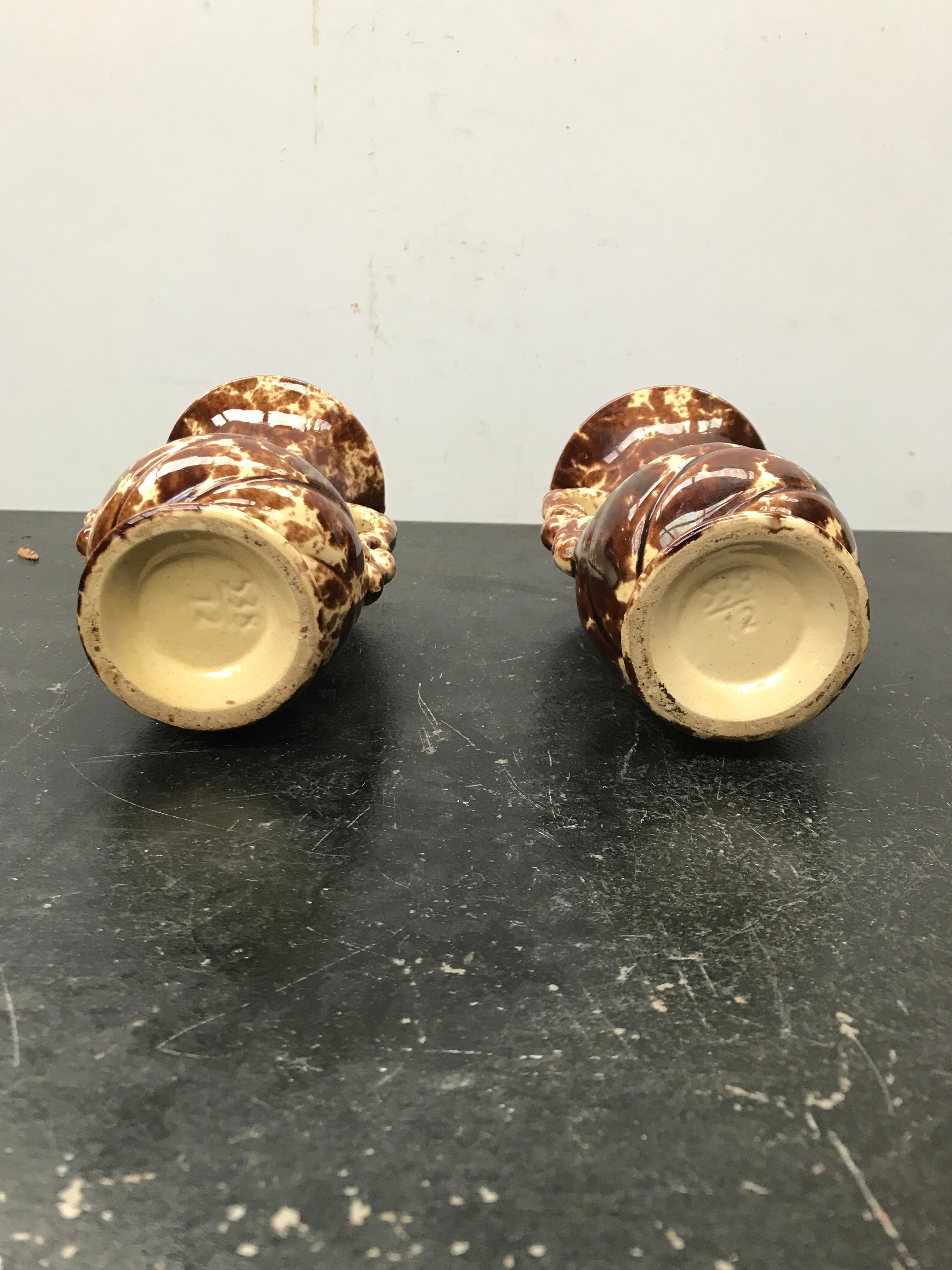 Pair of old vases with vintage beige brown ceramic handles