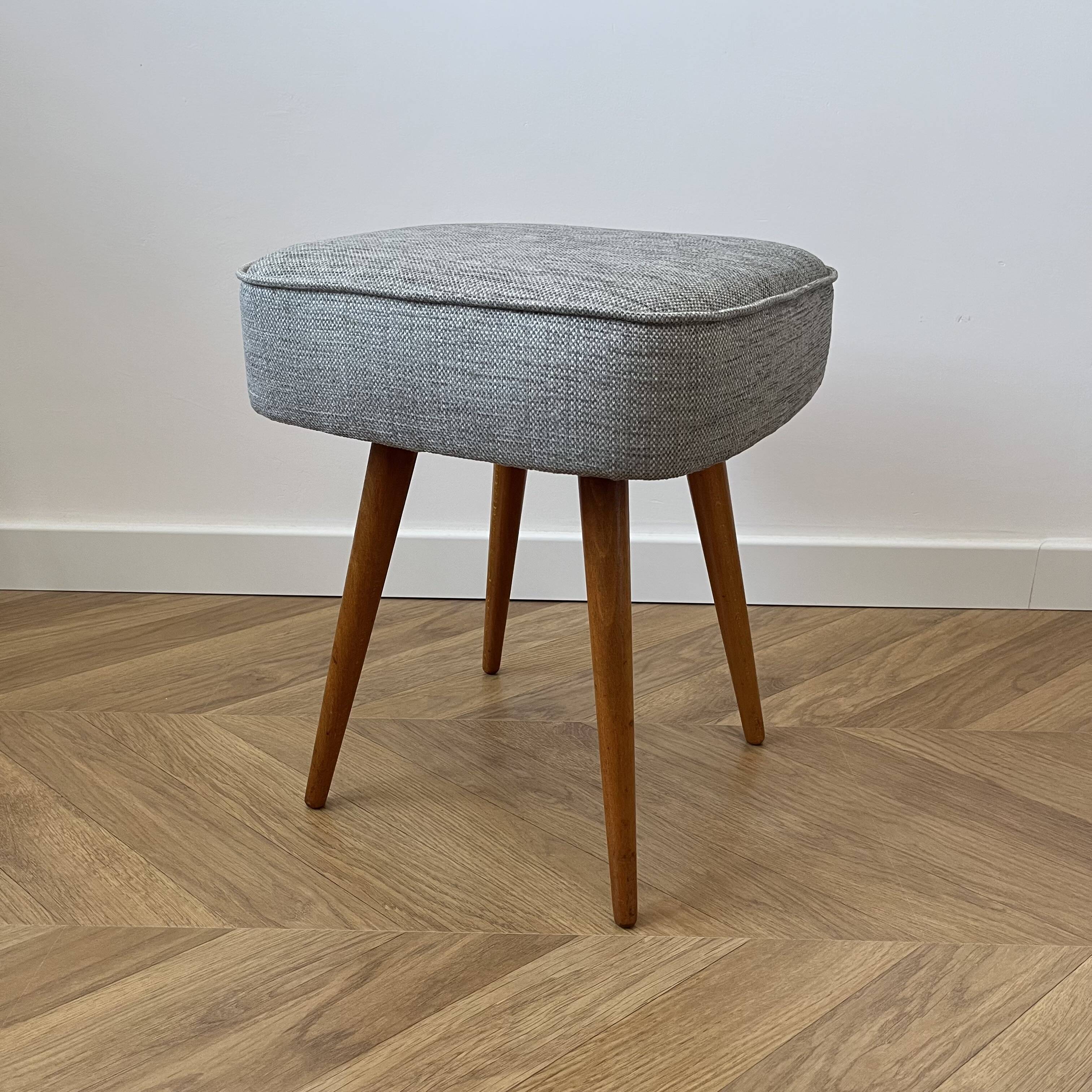 Vintage Footstool: Mid Century Modern Grey Fabric and Wood Legs