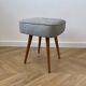 Vintage Footstool: Mid Century Modern Grey Fabric and Wood Legs