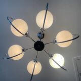 Art Deco chandelier with 6 lights in opaline glass and chrome metal.