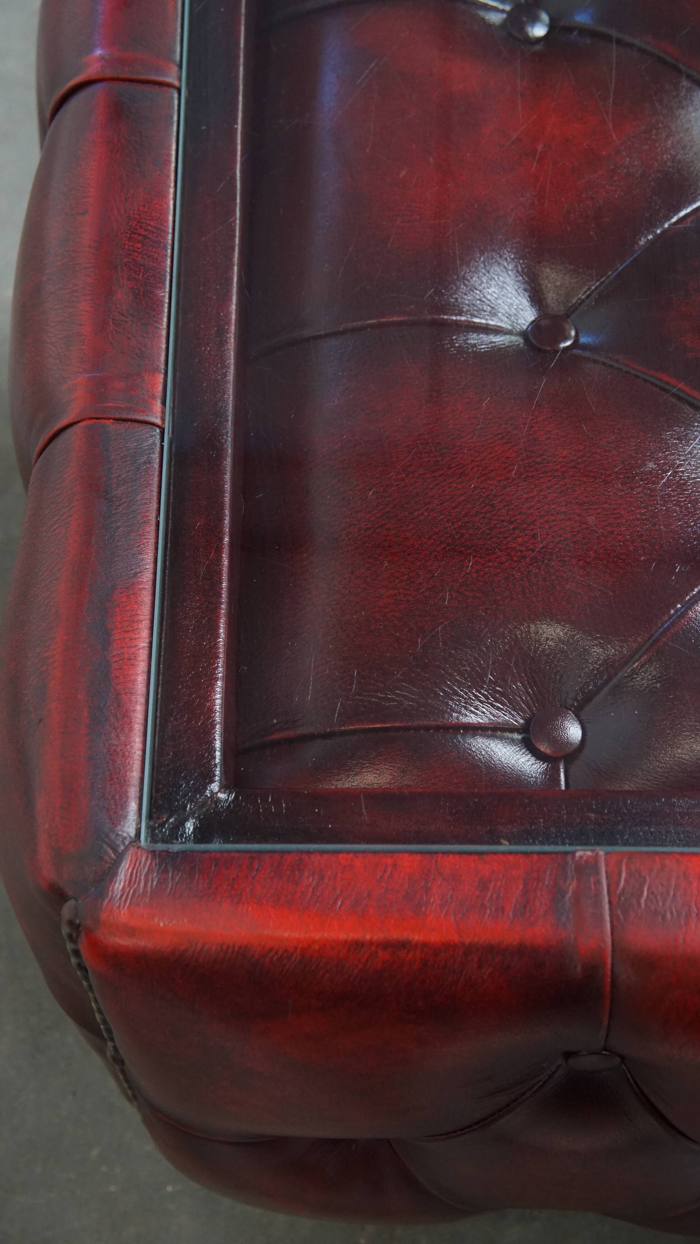 Red Cowhide Leather Chesterfield Side Table with Glass Top