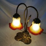 Brass water lily lamp and glass paste tulip, double, art nouveau style.