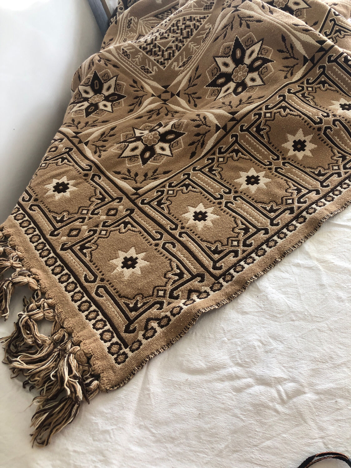 Vintage handmade beige and brown bedspread with fringes