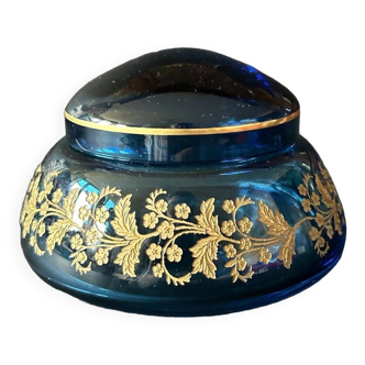 Cristal Saint Louis - Pot couvert - Cristal bleu et branchages fleuris or