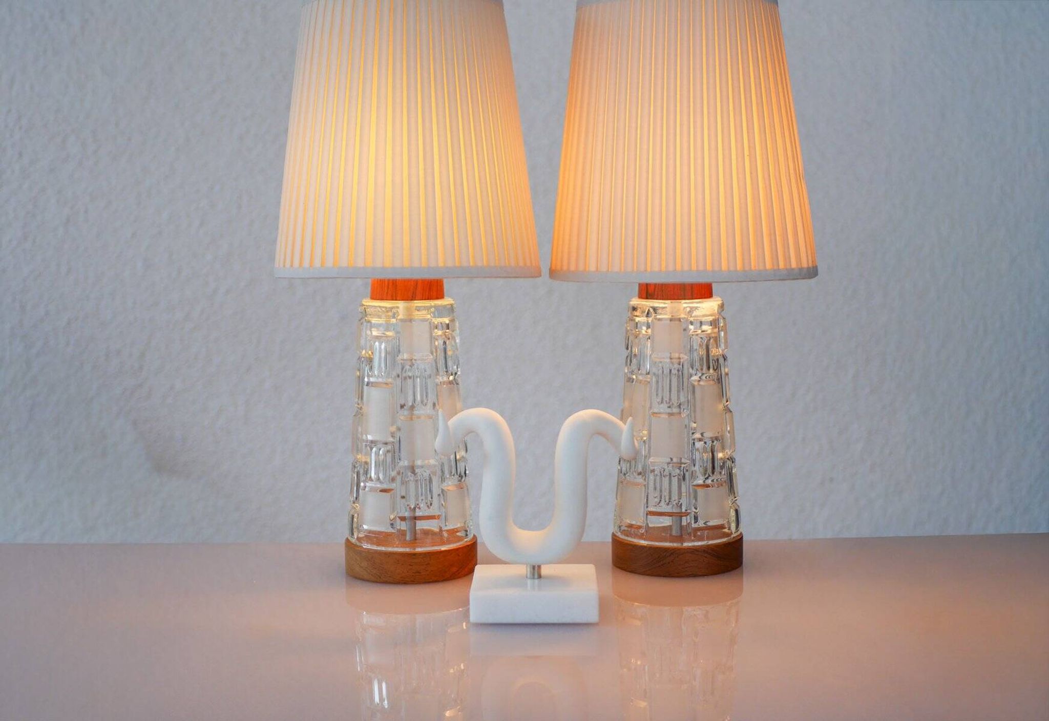 Mid-century modern Scandinavian teak and glass table lamps, set of 2