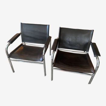 Pair of Klinte armchairs, Tord Bjorklund in brown leather 1980