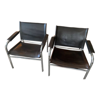 Pair of Klinte armchairs, Tord Bjorklund in brown leather 1980