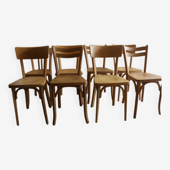 Set of 8 Baumann light beech chairs 1950