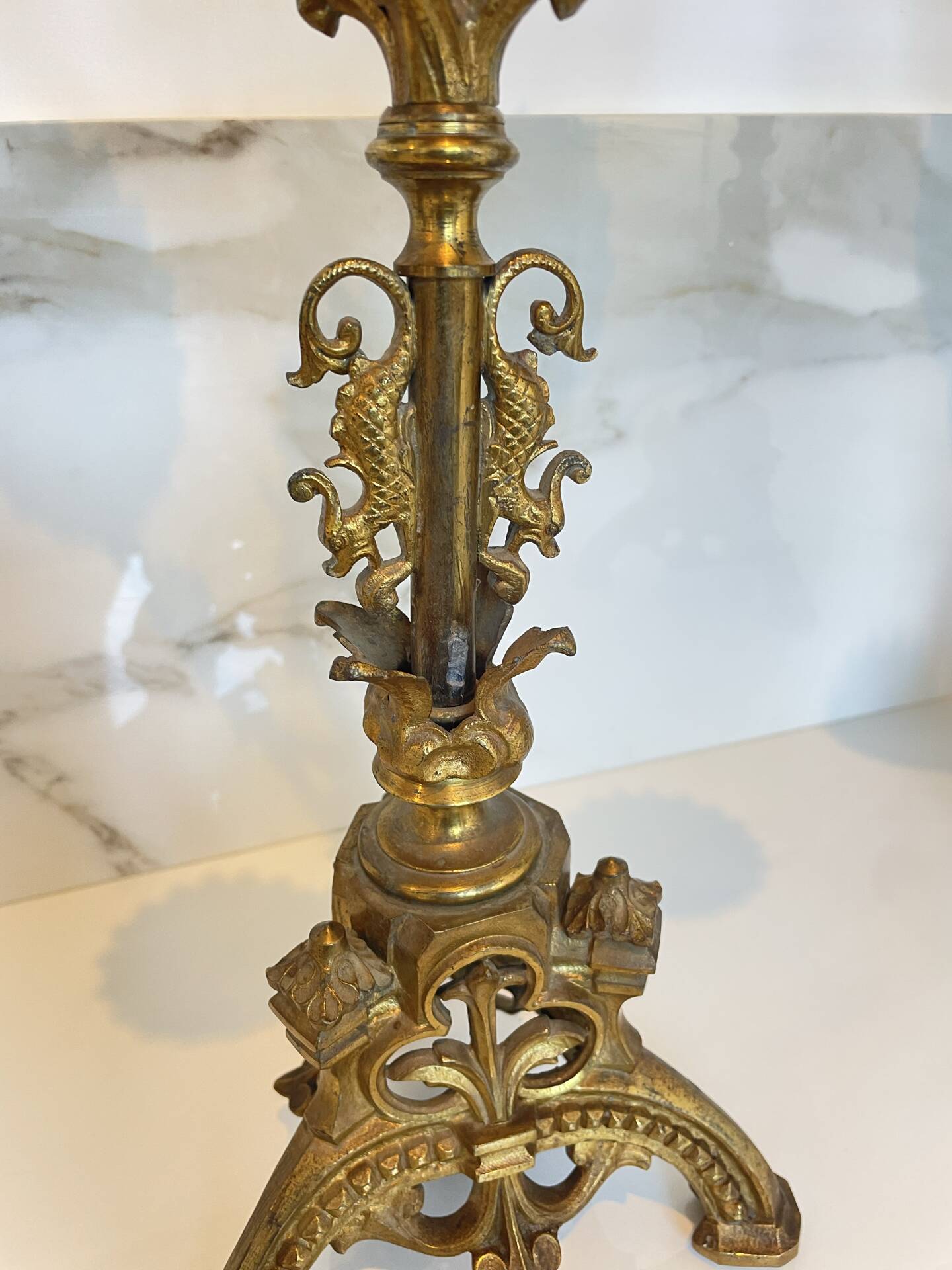 Pair of church candelabra - 19th century - in bronze and brass, 5 lights / c