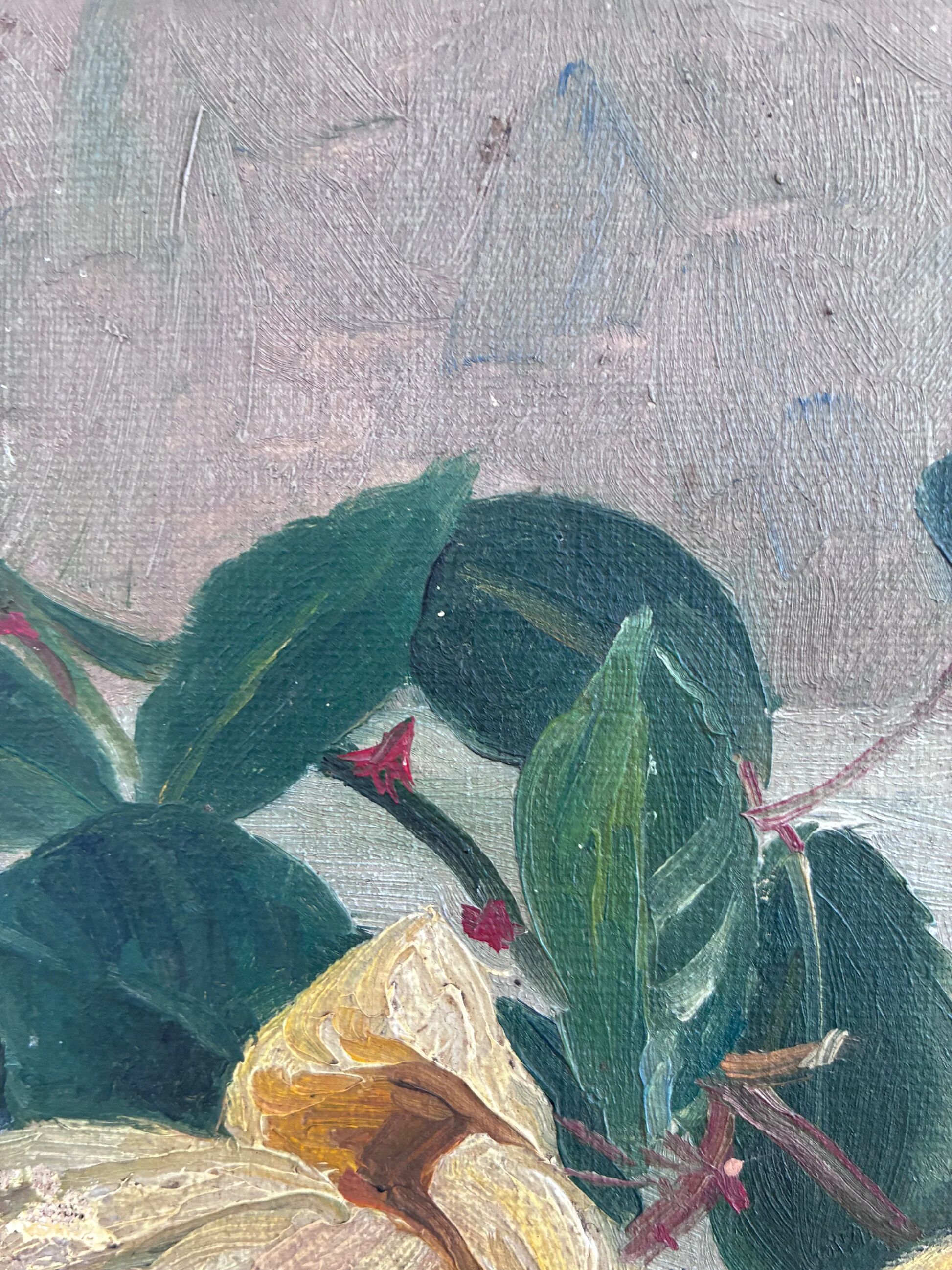 Antique original flower oil painting, yellow roses still life art